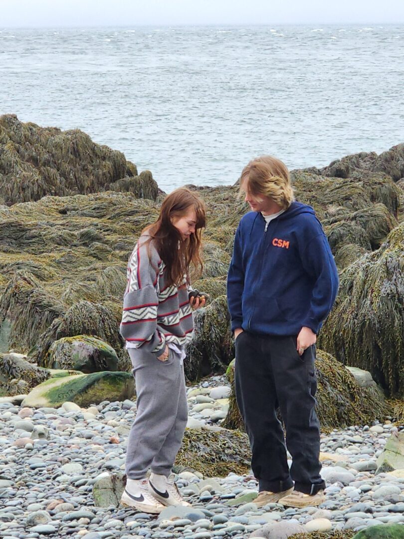 Two people standing on a rocky beach looking at something.