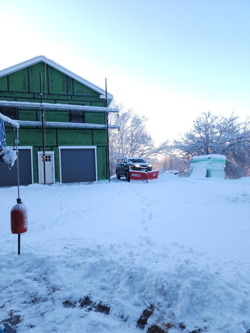 A green house in the snow with a red fire hydrant.