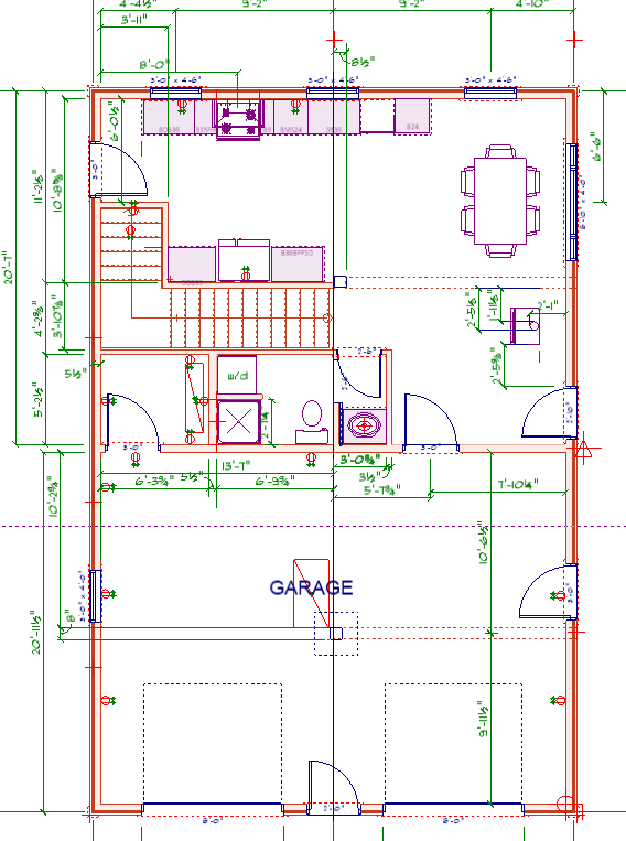 A floor plan of a house with stairs and garage.