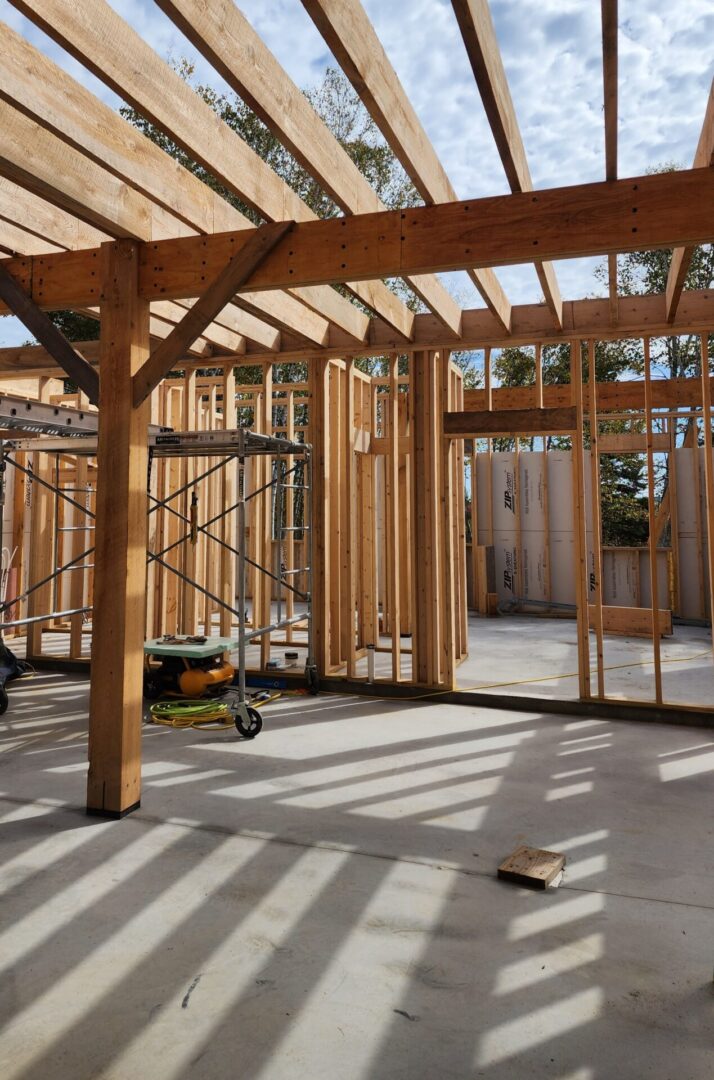 A construction site with some wood framing being built.